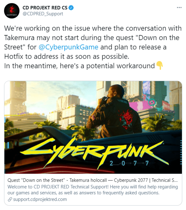 El desarrollador anuncia una "posible solución" al bug de Cyberpunk 2077. Foto: CD Projekt Red/Twitter