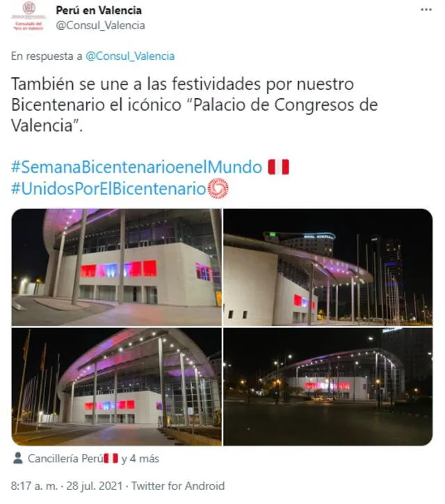 Valencia iluminó sus sitios emblemáticos con motivo del Bicentenario del Perú. Foto: @Consul_Valencia/Twitter