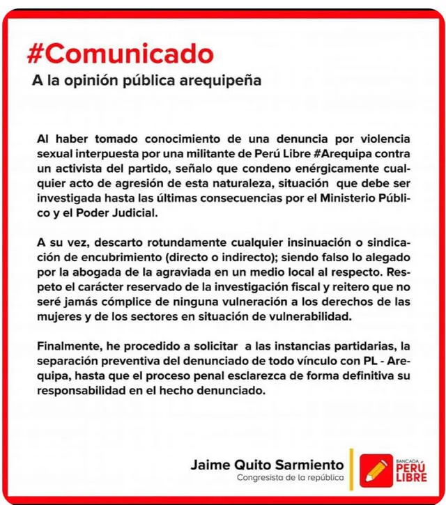 Comunicado Jaime Quito sobre la denuncia de presunta violación sexual. Foto: Twitter Jaime Quito