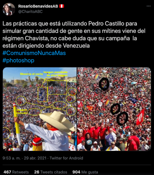 No hay pruebas de que el partido de Pedro Castillo compartiera la imagen manipulada, como señaló la autora de un tuit viral.