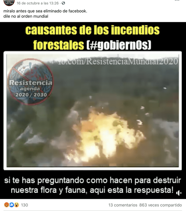 Video de Facebook denunció que los incendios forestales son causados por los gobiernos. Foto: Captura.