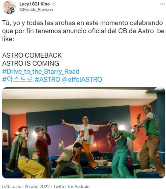 Fandom de ASTRO (Aroha) reacciona a las buenas nuevas. Foto: Twitter