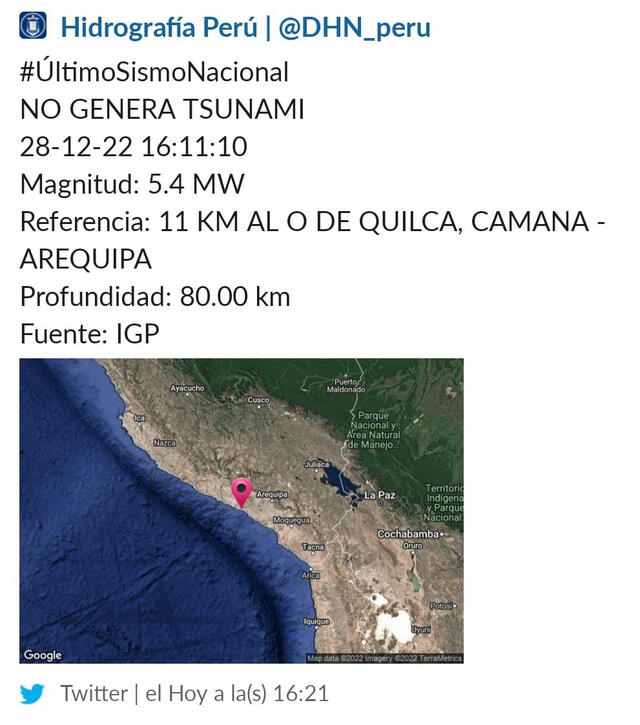 Sismo en Arequipa hoy no genera alerta de tsunami