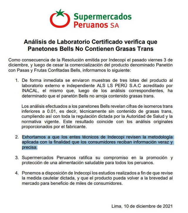 Comunicado de SP sobre panetón Bells