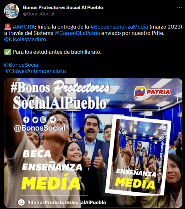  El pago del Bono Beca Enseñanza Media empezó el 15 de marzo. Foto: BonosSocial/Twitter   