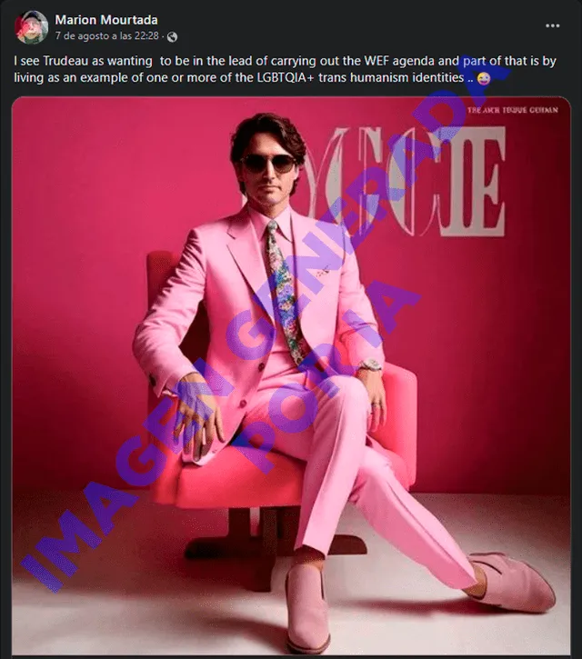  Trudeau no posó para Vogue en traje Rosa. Imagen es hecha con IA. Foto: captura de Facebook   