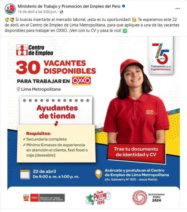 <em> Convocatoria del MTPE publicada el 18 de abril sobre vacantes para trabajar en OXXO. Foto: captura de Facebook</em>   