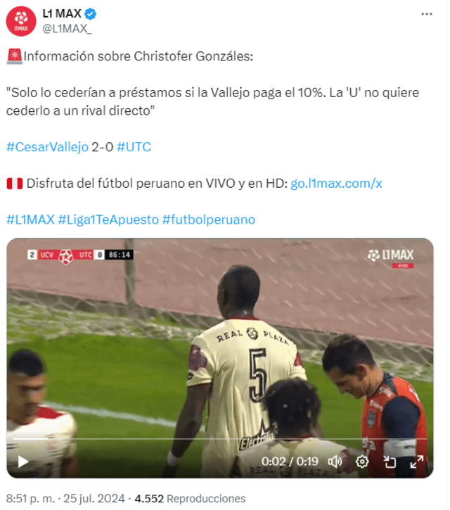  Información brindada por L1 Max en el partido del Club César Vallejo vs UTC. Foto: captura de pantalla   