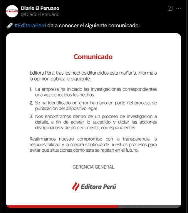 Comunicado de diario El Peruano. Foto: captura de pantalla   