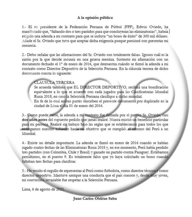 Comunicado de Oblitas. Foto: RPP Noticias.   