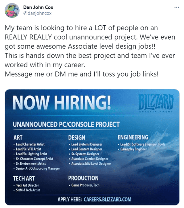 Anuncio sobre los puestos requeridos para el nuevo proyecto de Blizzard. Foto: Twitter / @danjohncox