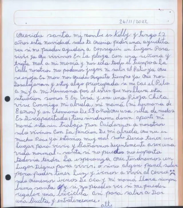 Niña envía carta a Papa Noel y le pide su ayuda para conseguir un hogar: “Mi madre llora siempre”