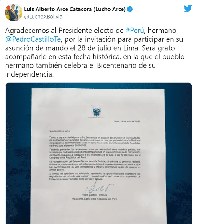 Agradecimiento del mandatario de Bolivia, Luis Arce, a la ceremonia del presidente electo Pedro Castillo. Foto: captura Twitter