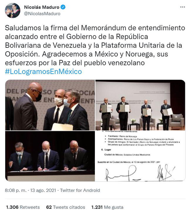 Tuit del presidente de Venezuela, Nicolás Maduro, sobre las negociaciones con la oposición en México. Foto: captura Twitter