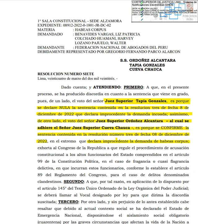 Declaran improcedente la demanda de habeas corpus. Foto: Corte Superior de Justicia.    