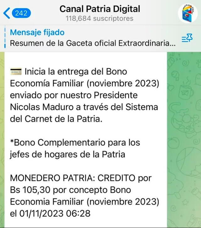 El pago de Economía Familiar llegó con aumento para el mes de noviembre. Foto: Canal Patria Digital   