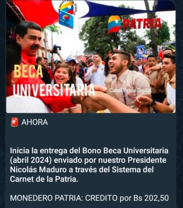 Anuncio del Bono Beca Universitaria de abril 2024. Foto: Canal Patria Digital   