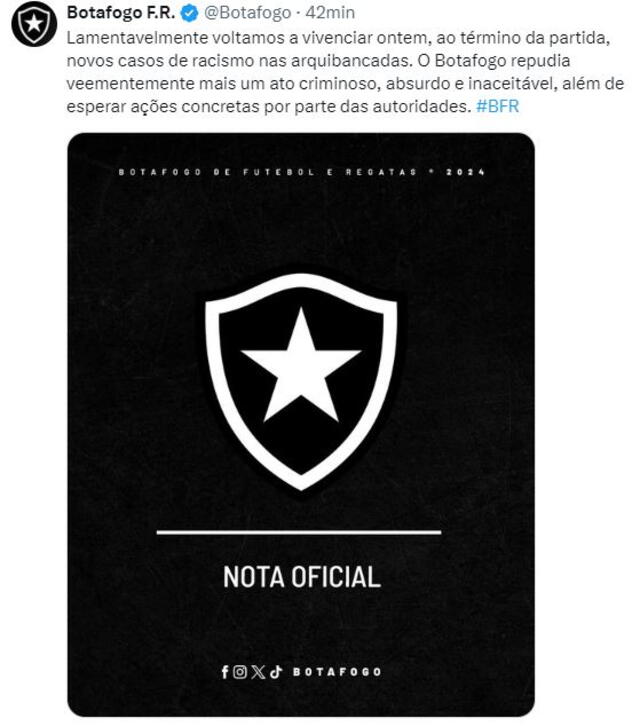 Comunicado de Botafogo sobre gestos racistas. <strong>Foto: captura de X</strong>   