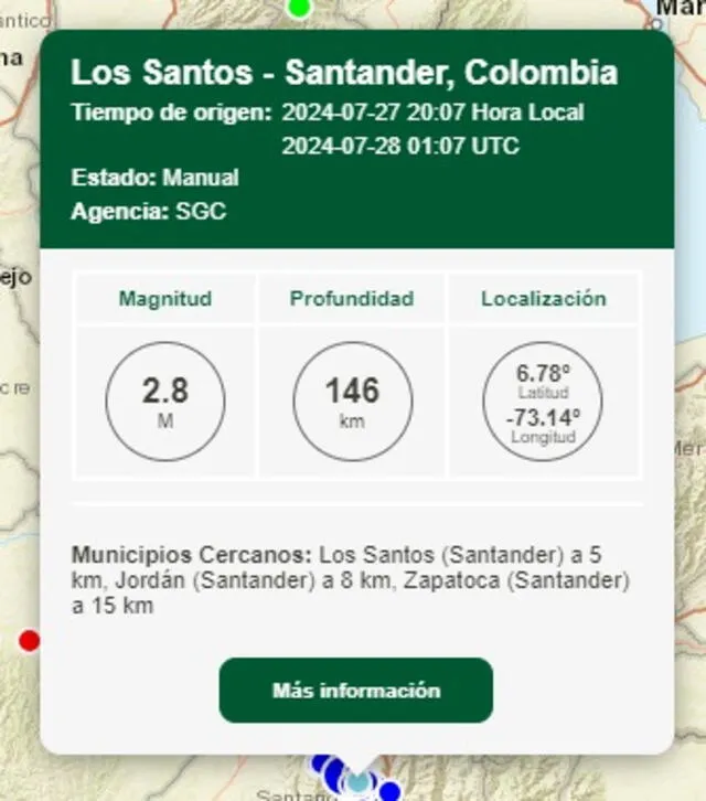 Información del último sismo en Colombia. Foto: SGC   