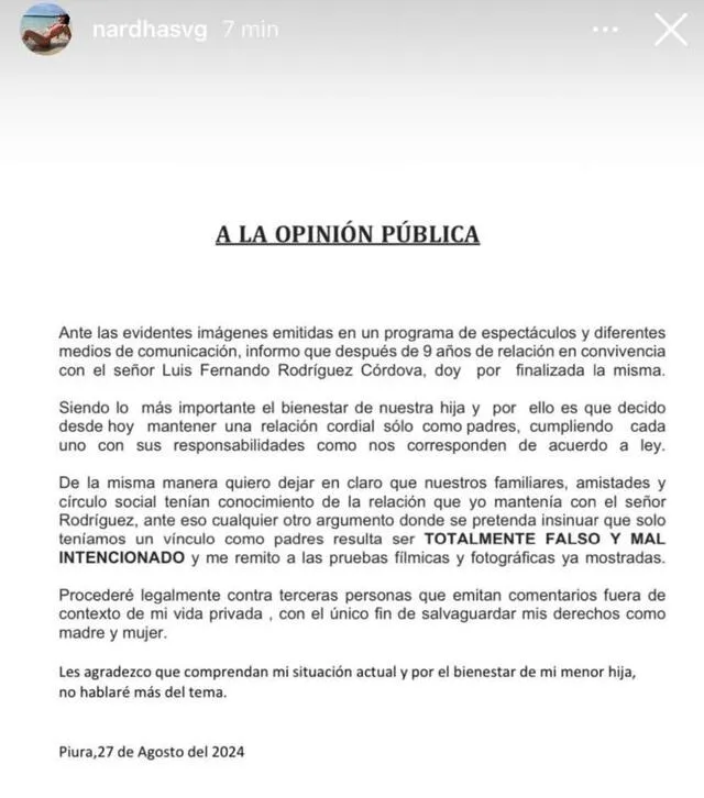 Comunicado de Nardha Velarde.   