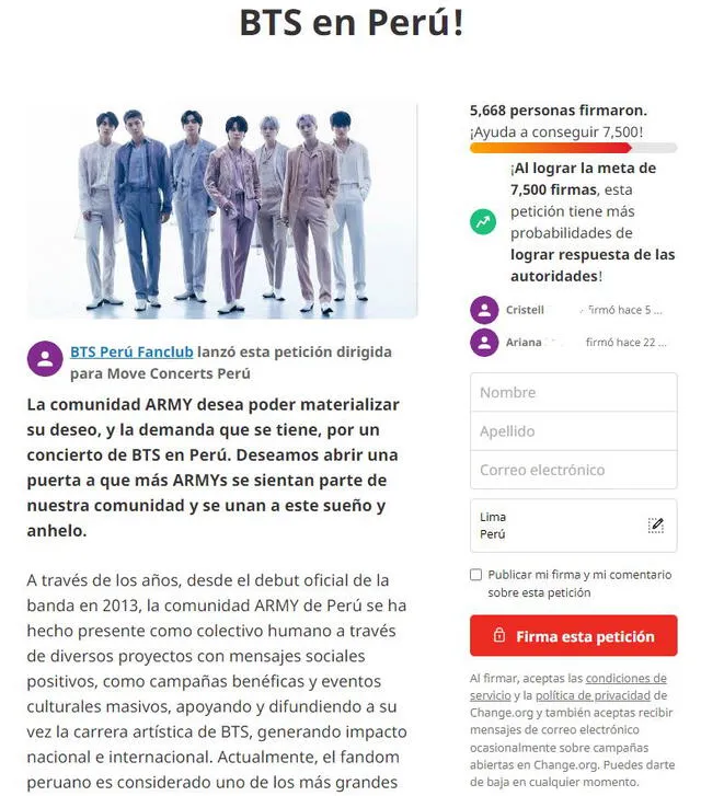 Petición 2022 por concierto de BTS en Perú. Foto: Instagram