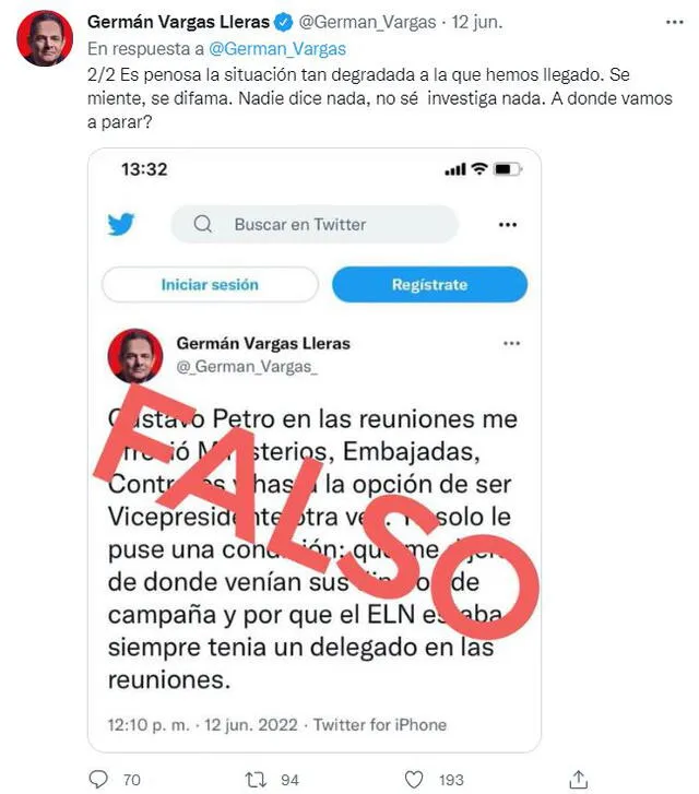 Germán Vargas desmiente la veracidad del tuit. Foto: captura en Twitter / Germán Vargas.