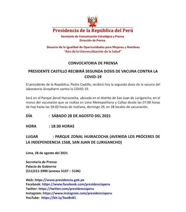 Presidente Castillo será vacunado en VES. Foto: Presidencia del Perú.