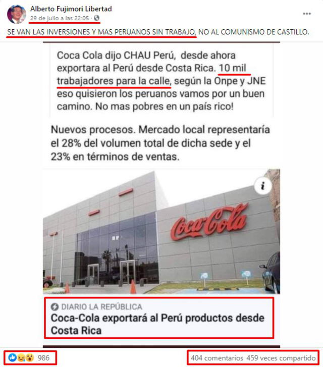 Primera publicación viralizada en Facebook que asegura que Coca-Cola ya no invertirá en el Perú. FOTO: Captura de Facebook.