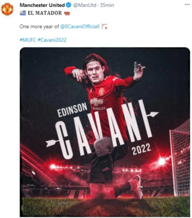 Tuit del club inglés confirmando la renovación de Cavani. Foto: Twitter/Manchester United