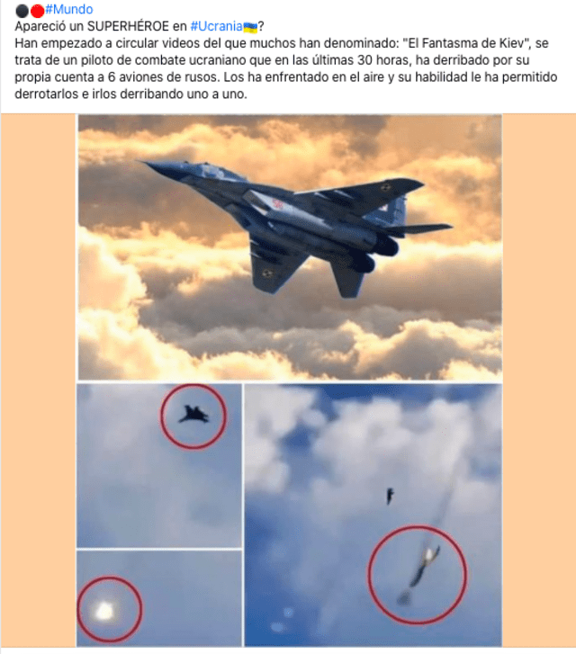 Publicación compartida en la red social Facebook mostrando las supuestas maniobras del piloto de apodo “El fantasma de Kiev”. Fuente: Captura LR, Facebook.