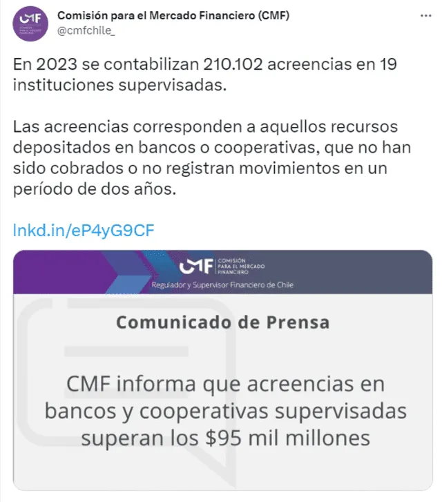 La CMF informó sobre el número de acreencias y el monto aproximado de estas acumulaciones. Foto: Twitter/CMF.