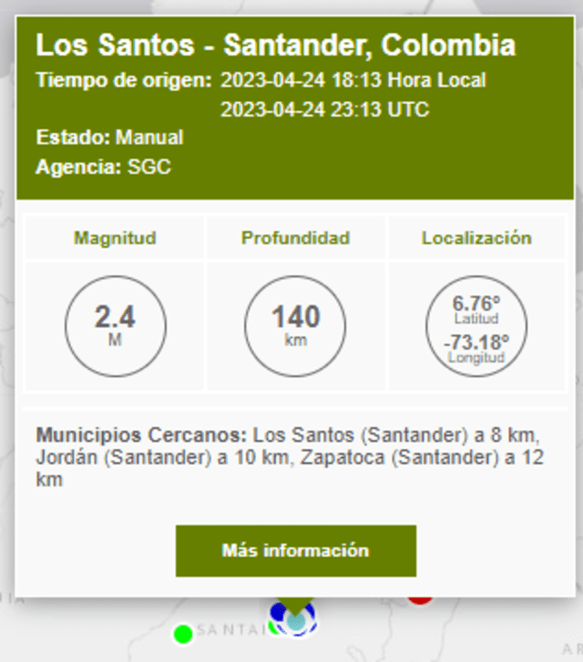 Último sismo ocurrido HOY, 24 de abril de 2023, en Colombia. Foto: SGC.