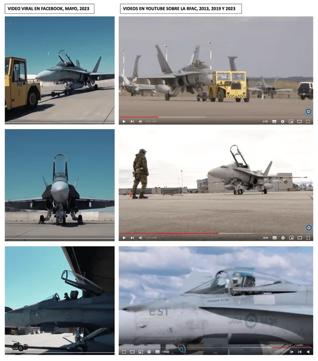 Comparación entre video viral en Facebook (izquierda) y videos publicados en YouTube sobre la Real Fuerza Aérea de Canadá (derecha). Foto: composición LR/Facebook/YouTube.   