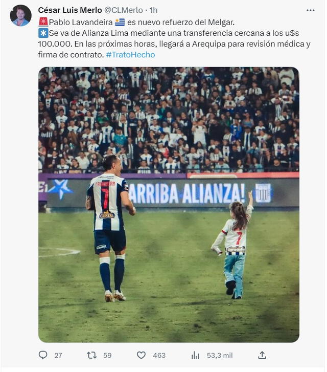  Pablo Lavandeira estaría a un paso de ser jugador de Melgar. Foto: Twitter.   