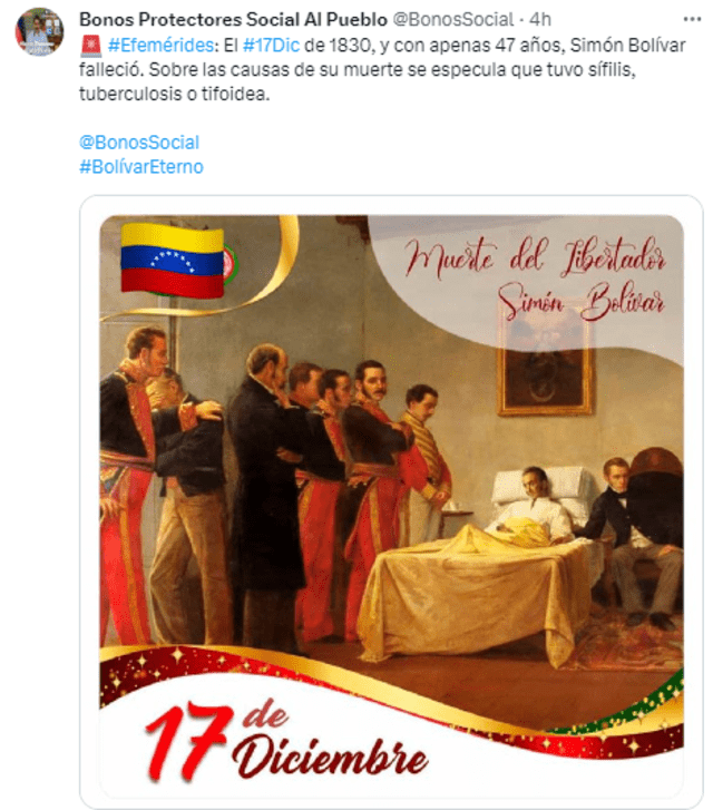 Simón Bolívar: por qué se conmemora al libertario de América el 17 de diciembre en Venezuela | Libertador de América | que se celebra 17 de diciembre | Sudamérica | independencia de Venezuela | X | Twitter | Régimen venezolano rememora fecha de fallecimiento de Simón Bolívar. Foto: Bonos Protectores Social Al Pueblo/X