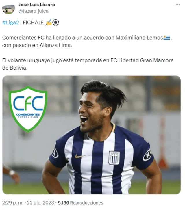 Maximiliano Lemos jugará en Comerciantes FC. Foto: X.   