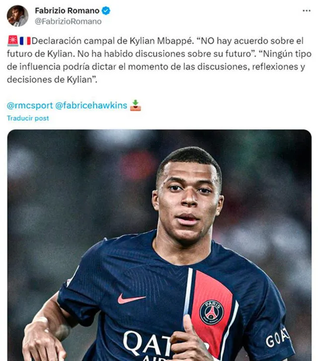 Información sobre Kylian Mbappé. Foto: captura de X/Fabrizio Romano   