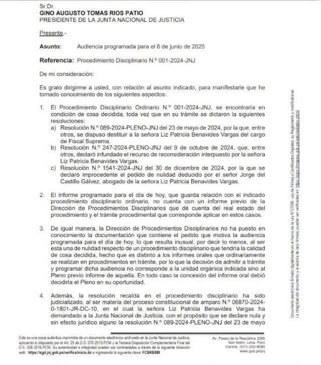 Távara confirma que comunicó a Gino Ríos su decisión de no votar en el caso de Patricia Benavides. Foto: JNJ/Captura de pantalla. Távara confirma que comunicó a Gino Ríos su decisión de no votar en el caso de Patricia Benavides. Foto: JNJ/Captura de pantalla.