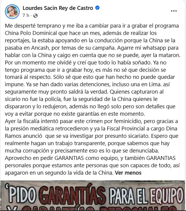Lourdes Sacín, excompañera de 'La China Polo', teme por su seguridad y demanda aceleración en las investigaciones para esclarecer el crimen. Lourdes Sacín, excompañera de 'La China Polo', teme por su seguridad y demanda aceleración en las investigaciones para esclarecer el crimen.