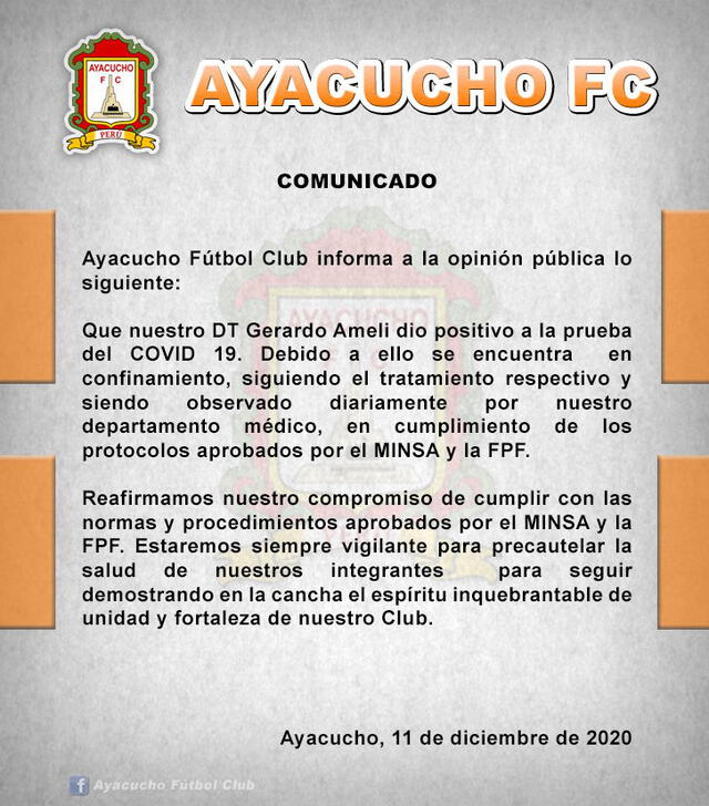 Comunicado de Ayacucho FC sobre la salud de Gerardo Ameli