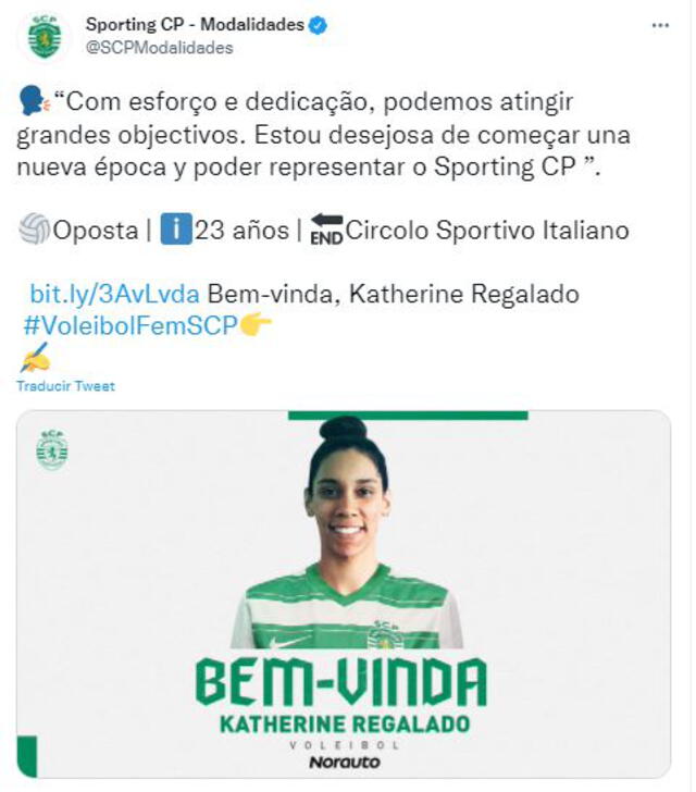 Sporting de Lisboa le dio la bienvenida a Katherine Regalado. Foto: Sporting CP/Twitter