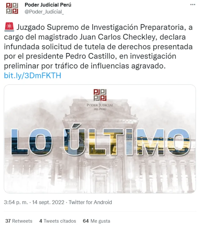 Fallo del PJ fue anunciado por sus redes sociales. Foto: captura Poder Judicial