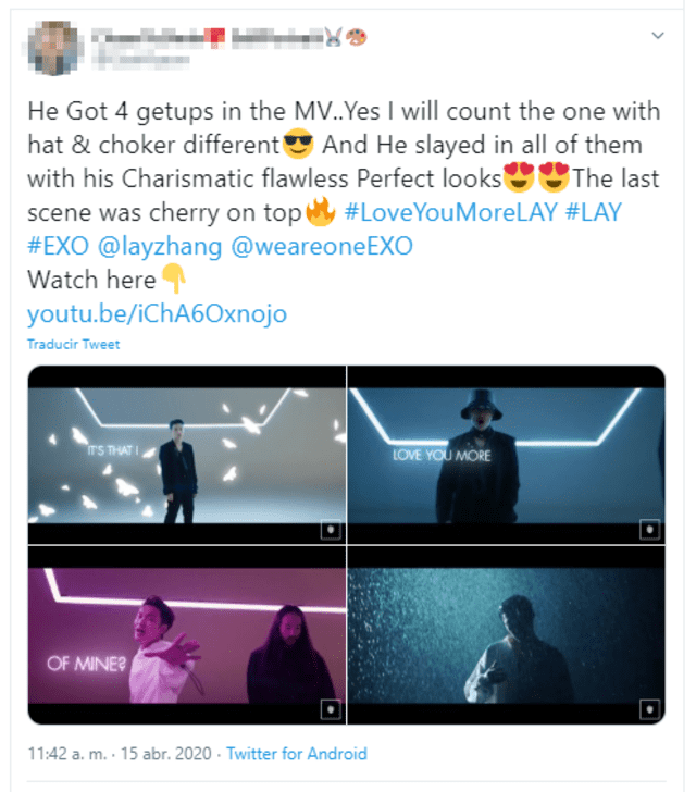 Lay de EXO lució 4 atuendos (incluyendo sombrero y choker) en el MV Love You More. Captura Twitter, 15 de abril, 2020.