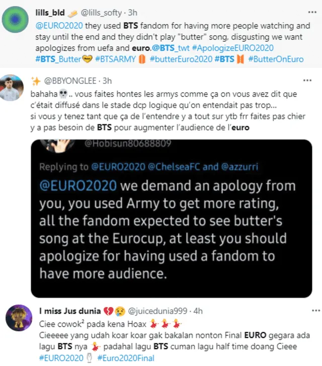 ARMY pidiendo explicación a la EUFA por no haber oído durante la transmisión televisiva "Butter" de BTS. Foto: captura Twitter