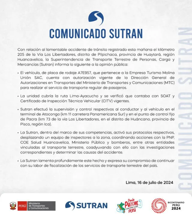 Comunicado de Sutran tras accidente en Ayacucho. Foto: Sutran/X   