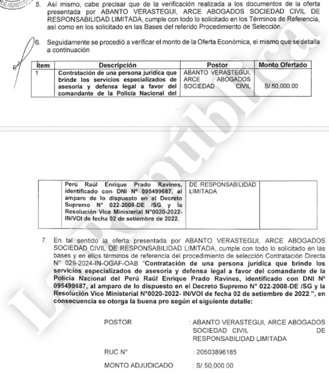  Documento de otorgamiento de buena pro que defenderá a Raúl Prado Ravines. Foto: La República   