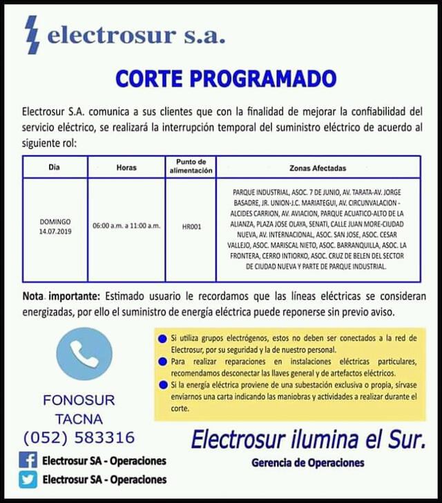 Corte de luz afectará dos distritos de Tacna este domingo.