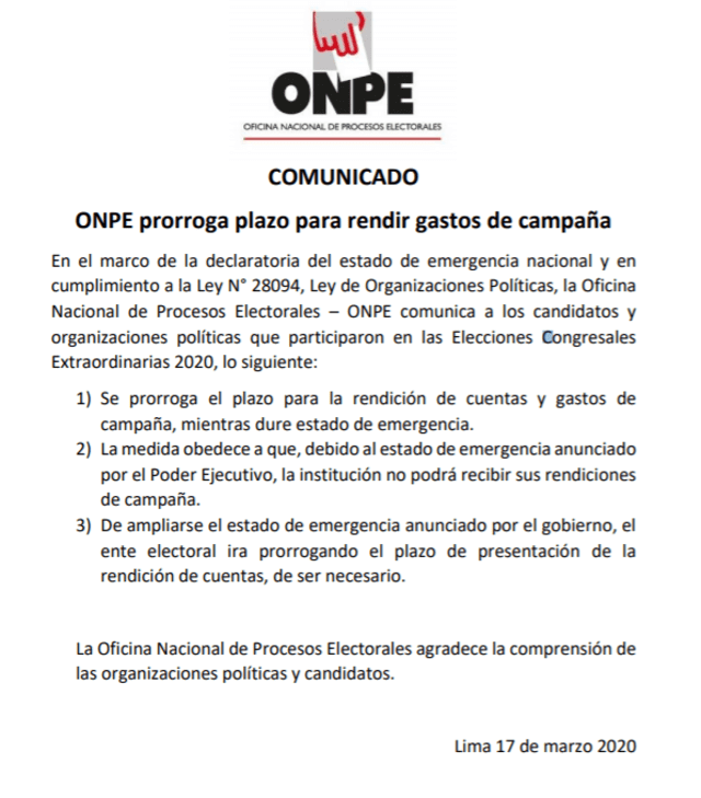Documento emitido por la ONPE.