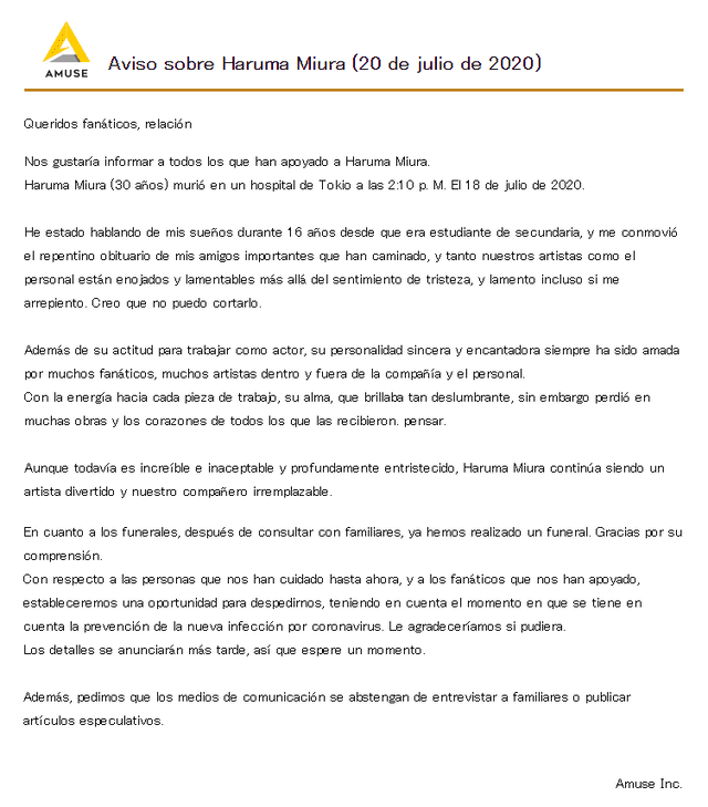 Traducción al español del comunicado publicado por la agencia de Haruma Miura, sobre su muerte. Crédito: captura