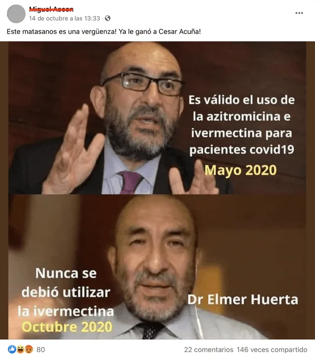 Publicación de Facebook atribuye declaraciones falsas al doctor Elmer Huerta. Foto: Captura.